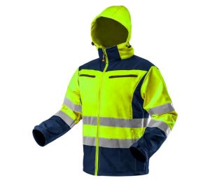 High vision working jacket, softshell with hood, yellow, size XL