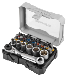 Set van 25 mm bits en doppen met ratel en 60 mm magnetische houder, 24 stuks.