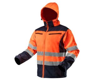 High vision working jacket, softshell with hood, orange, size M